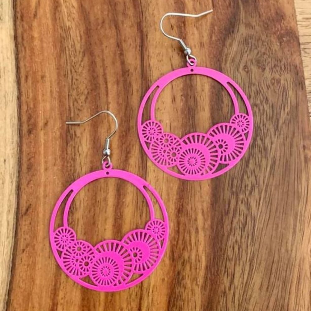 HOT PINK ENAMEL LASER LACE HOOP EARRINGS